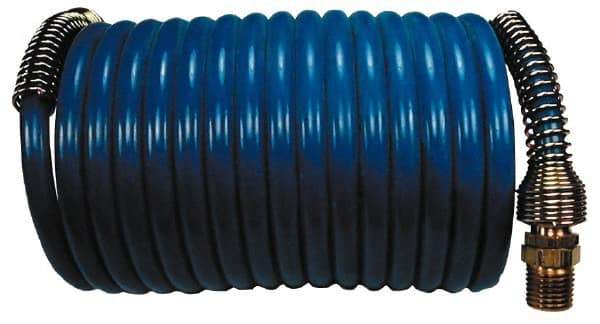 Coilhose Pneumatics - 1/4" ID, 1/4 Thread, 50' Long, Blue Nylon Coiled & Self Storing Hose - 220 Max psi, Male Swivel x Male Swivel - All Tool & Supply