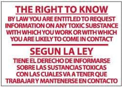 NMC - "The Right to Know - By Law You Are Entitled to Request Information on Any Toxic Substance with Which You Work or with...", 10" Long x 14" Wide, Rigid Plastic Safety Sign - Rectangle, 0.05" Thick, Use for Hazardous Materials - All Tool & Supply