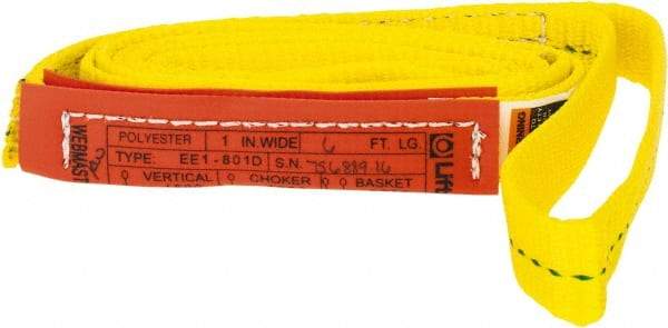 Lift-All - 6' Long x 1" Wide, 1,600 Lb Vertical Capacity, 1 Ply, Polyester Web Sling - 1,250 Lb Choker Capacity, Yellow - All Tool & Supply