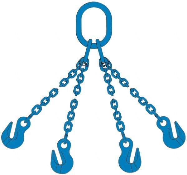 Pewag - 5' Long, 27,500 Lb Basket Capacity, 10,600 Lb Vertical Capacity, 4 Ply, Alloy Steel Web Sling - 10,600 Lb Choker Capacity, QOG Chain Sling, 3/8" Diam Chain, Blue, with 4 Grab Hooks & Master Link - All Tool & Supply