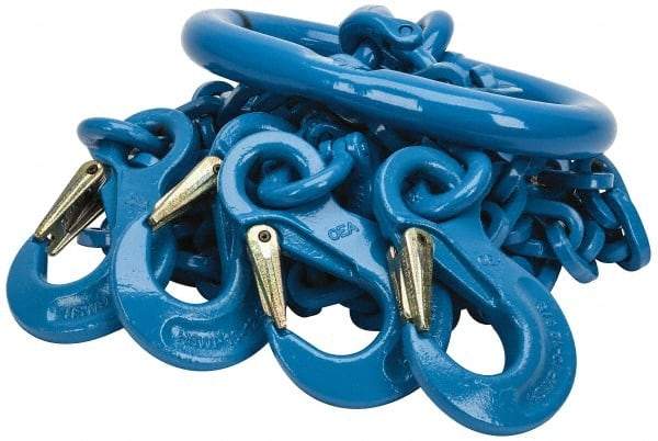 Pewag - 5' Long, 27,500 Lb Basket Capacity, 10,600 Lb Vertical Capacity, 4 Ply, Alloy Steel Web Sling - 10,600 Lb Choker Capacity, QOS Chain Sling, 3/8" Diam Chain, Blue, with 4 Sling Hooks & Master Link - All Tool & Supply