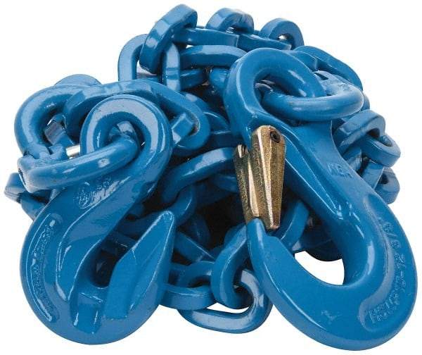 Pewag - 10' Long, 10,600 Lb Basket Capacity, 10,600 Lb Vertical Capacity, 1 Ply, Alloy Steel Web Sling - 10,600 Lb Choker Capacity, SSG Chain Sling, 3/8" Diam Chain, Blue, with Grab Hook & Sling Hook - All Tool & Supply