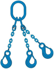 Pewag - 5' Long, 27,500 Lb Basket Capacity, 10,600 Lb Vertical Capacity, 3 Ply, Alloy Steel Web Sling - 10,600 Lb Choker Capacity, TOS Chain Sling, 3/8" Diam Chain, Blue, with 3 Sling Hooks & Master Link - All Tool & Supply