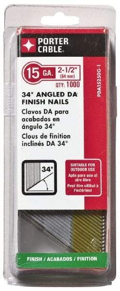 Porter-Cable - 15 Gauge 2-1/2" Long Finishing Nails for Power Nailers - Grade 2 Steel, Galvanized Finish, Angled Stick Collation, Chisel Point - All Tool & Supply