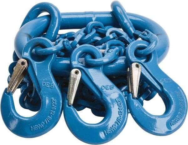 Pewag - 5' Long, 13,500 Lb Basket Capacity, 13,500 Lb Vertical Capacity, 3 Ply, Alloy Steel Web Sling - 4,500 Lb Choker Capacity, TOS Chain Sling, 9/32" Diam Chain, Blue, with 3 Sling Hooks & Master Link - All Tool & Supply