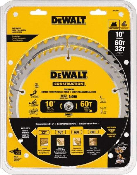 DeWALT - 10" Diam, 5/8" Arbor Hole Diam, 32 & 60 Tooth Wet & Dry Cut Saw Blade - Carbide-Tipped, Fine Finish & General Purpose Action, Standard Round Arbor - All Tool & Supply