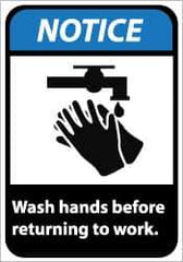 NMC - Restroom, Janitorial & Housekeeping Label, Header: NOTICE - Legend: Notice - Wash Hands Before Returning to Work, English, Blue & White, 5" Long x 3" High, Sign Muscle Finish - All Tool & Supply