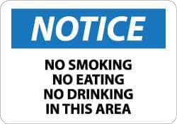 NMC - "Notice - No Smoking - No Eating - No Drinking in This Area", 10" Long x 14" Wide, Aluminum Safety Sign - Rectangle, 0.04" Thick, Use for Accident Prevention - All Tool & Supply