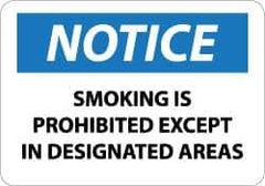 NMC - "Notice - Smoking Is Prohibited Except in Designated Areas", 10" Long x 14" Wide, Rigid Plastic Safety Sign - Rectangle, 0.05" Thick, Use for Accident Prevention - All Tool & Supply