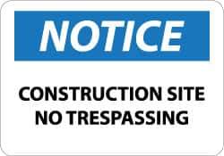 NMC - "Notice - Construction Site - No Trespassing", 10" Long x 14" Wide, Pressure-Sensitive Vinyl Safety Sign - Rectangle, 0.004" Thick, Use for Security & Admittance - All Tool & Supply