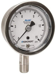 Ashcroft - 2-1/2" Dial, 1/4 Thread, 0-15 Scale Range, Pressure Gauge - Lower Connection Mount, Accurate to 3-2-3% of Scale - All Tool & Supply