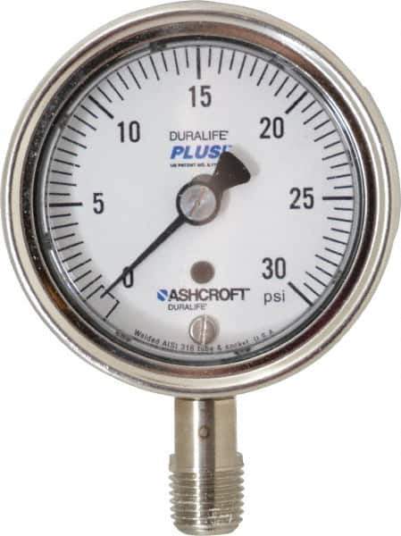 Ashcroft - 2-1/2" Dial, 1/4 Thread, 0-30 Scale Range, Pressure Gauge - Lower Connection Mount, Accurate to 1% of Scale - All Tool & Supply