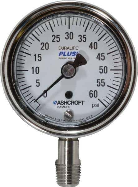 Ashcroft - 2-1/2" Dial, 1/4 Thread, 0-60 Scale Range, Pressure Gauge - Lower Connection Mount, Accurate to 1% of Scale - All Tool & Supply