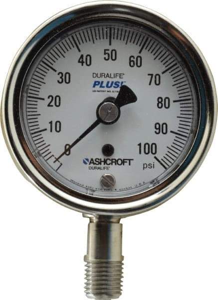 Ashcroft - 2-1/2" Dial, 1/4 Thread, 0-100 Scale Range, Pressure Gauge - Lower Connection Mount, Accurate to 1% of Scale - All Tool & Supply