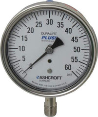 Ashcroft - 3-1/2" Dial, 1/4 Thread, 0-60 Scale Range, Pressure Gauge - Lower Connection Mount, Accurate to 1% of Scale - All Tool & Supply