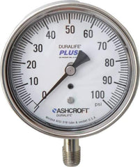 Ashcroft - 3-1/2" Dial, 1/4 Thread, 0-100 Scale Range, Pressure Gauge - Lower Connection Mount, Accurate to 1% of Scale - All Tool & Supply