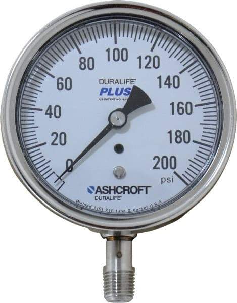 Ashcroft - 3-1/2" Dial, 1/4 Thread, 0-200 Scale Range, Pressure Gauge - Lower Connection Mount, Accurate to 1% of Scale - All Tool & Supply