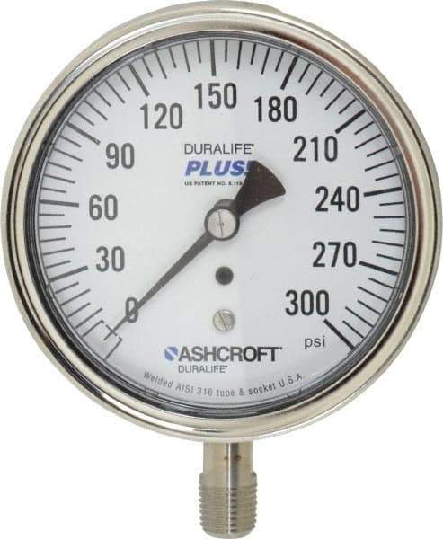 Ashcroft - 3-1/2" Dial, 1/4 Thread, 0-300 Scale Range, Pressure Gauge - Lower Connection Mount, Accurate to 1% of Scale - All Tool & Supply