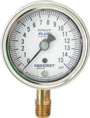 Ashcroft - 2-1/2" Dial, 1/4 Thread, 0-15 Scale Range, Pressure Gauge - Lower Connection Mount, Accurate to 1% of Scale - All Tool & Supply