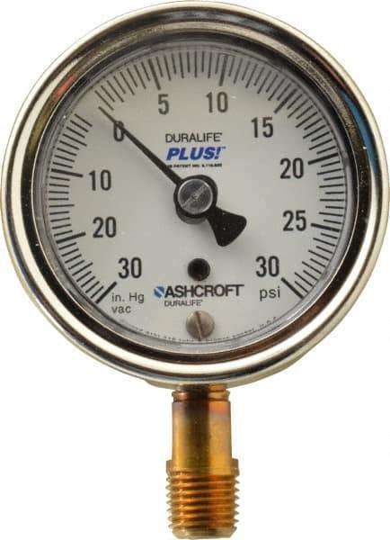 Ashcroft - 2-1/2" Dial, 1/4 Thread, 30-0-30 Scale Range, Pressure Gauge - Lower Connection Mount, Accurate to 1% of Scale - All Tool & Supply