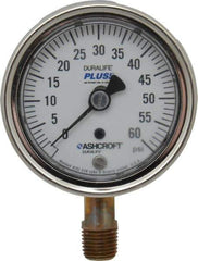 Ashcroft - 2-1/2" Dial, 1/4 Thread, 0-60 Scale Range, Pressure Gauge - Lower Connection Mount, Accurate to 1% of Scale - All Tool & Supply