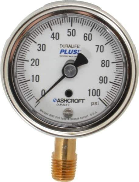 Ashcroft - 2-1/2" Dial, 1/4 Thread, 0-100 Scale Range, Pressure Gauge - Lower Connection Mount, Accurate to 1% of Scale - All Tool & Supply