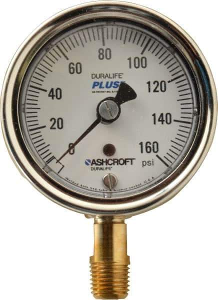 Ashcroft - 2-1/2" Dial, 1/4 Thread, 0-160 Scale Range, Pressure Gauge - Lower Connection Mount, Accurate to 1% of Scale - All Tool & Supply