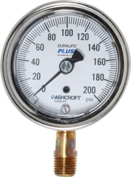 Ashcroft - 2-1/2" Dial, 1/4 Thread, 0-200 Scale Range, Pressure Gauge - Lower Connection Mount, Accurate to 1% of Scale - All Tool & Supply