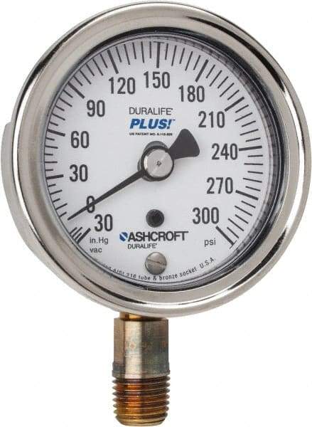 Ashcroft - 2-1/2" Dial, 1/4 Thread, 30-0-300 Scale Range, Pressure Gauge - Lower Connection Mount, Accurate to 1% of Scale - All Tool & Supply