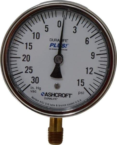 Ashcroft - 3-1/2" Dial, 1/4 Thread, 30-0-15 Scale Range, Pressure Gauge - Lower Connection Mount, Accurate to 1% of Scale - All Tool & Supply