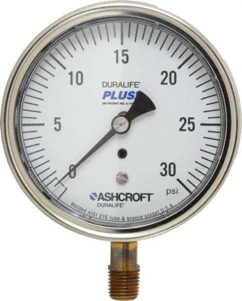 Ashcroft - 3-1/2" Dial, 1/4 Thread, 0-30 Scale Range, Pressure Gauge - Lower Connection Mount, Accurate to 1% of Scale - All Tool & Supply