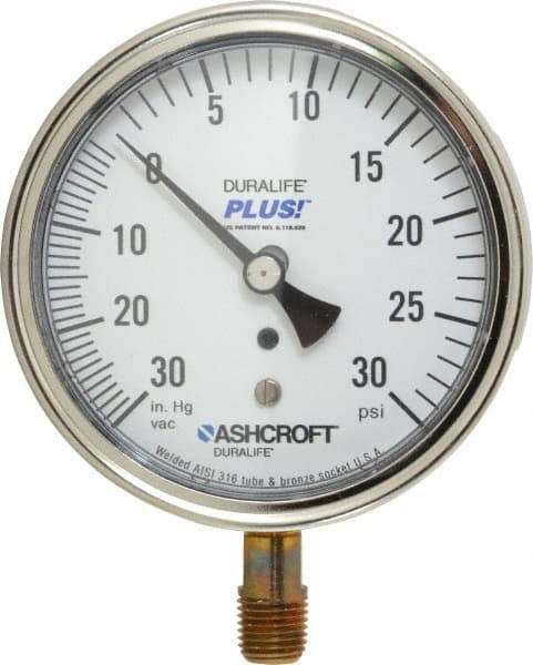 Ashcroft - 3-1/2" Dial, 1/4 Thread, 30-0-30 Scale Range, Pressure Gauge - Lower Connection Mount, Accurate to 1% of Scale - All Tool & Supply