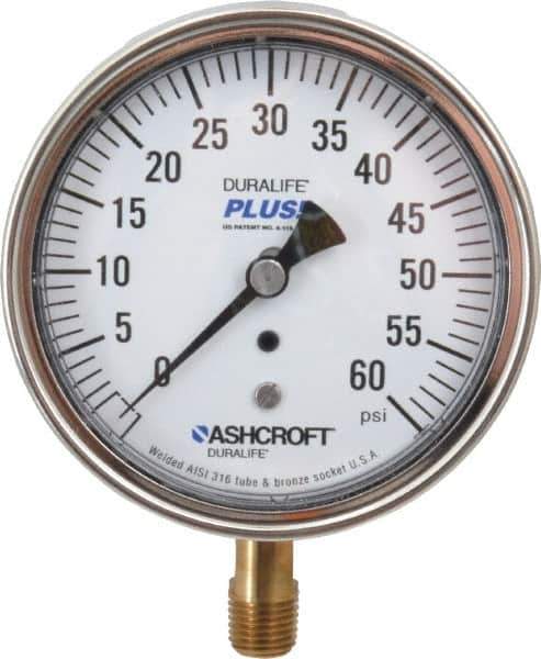 Ashcroft - 3-1/2" Dial, 1/4 Thread, 0-60 Scale Range, Pressure Gauge - Lower Connection Mount, Accurate to 1% of Scale - All Tool & Supply