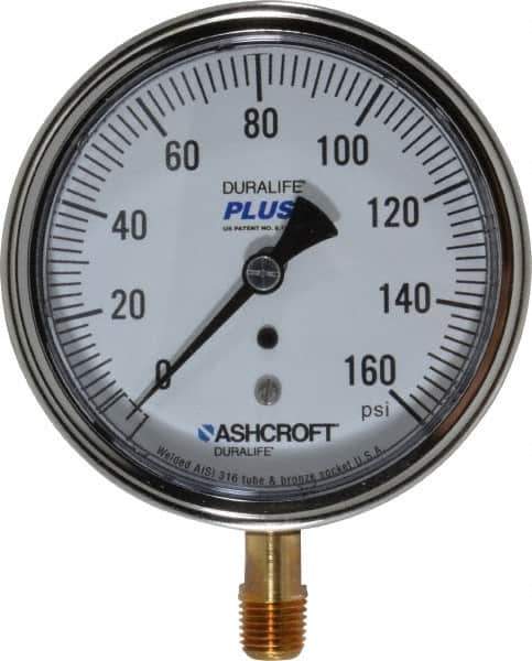 Ashcroft - 3-1/2" Dial, 1/4 Thread, 0-160 Scale Range, Pressure Gauge - Lower Connection Mount, Accurate to 1% of Scale - All Tool & Supply