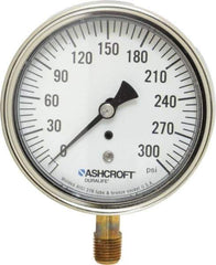 Ashcroft - 3-1/2" Dial, 1/4 Thread, 0-300 Scale Range, Pressure Gauge - Lower Connection Mount, Accurate to 1% of Scale - All Tool & Supply