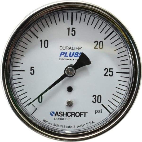 Ashcroft - 3-1/2" Dial, 1/4 Thread, 0-30 Scale Range, Pressure Gauge - Center Back Connection Mount, Accurate to 1% of Scale - All Tool & Supply