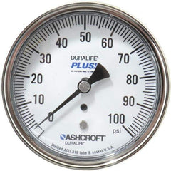 Ashcroft - 3-1/2" Dial, 1/4 Thread, 0-100 Scale Range, Pressure Gauge - Center Back Connection Mount, Accurate to 1% of Scale - All Tool & Supply