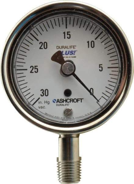 Ashcroft - 2-1/2" Dial, 1/4 Thread, 30-0 Scale Range, Pressure Gauge - Lower Connection Mount, Accurate to 1% of Scale - All Tool & Supply