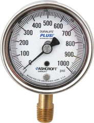 Ashcroft - 2-1/2" Dial, 1/4 Thread, 0-1,000 Scale Range, Pressure Gauge - Lower Connection Mount, Accurate to 1% of Scale - All Tool & Supply