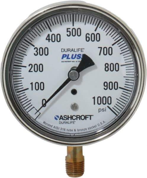 Ashcroft - 3-1/2" Dial, 1/4 Thread, 0-1,000 Scale Range, Pressure Gauge - Lower Connection Mount, Accurate to 1% of Scale - All Tool & Supply