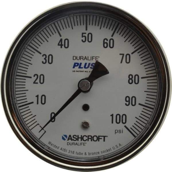 Ashcroft - 3-1/2" Dial, 1/4 Thread, 0-100 Scale Range, Pressure Gauge - Center Back Connection Mount, Accurate to 1% of Scale - All Tool & Supply