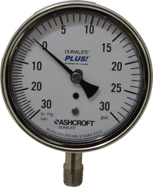 Ashcroft - 3-1/2" Dial, 1/4 Thread, 30-0-30 Scale Range, Pressure Gauge - Lower Connection Mount, Accurate to 1% of Scale - All Tool & Supply