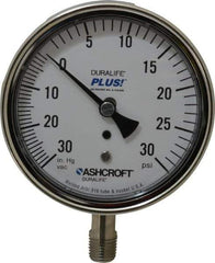 Ashcroft - 3-1/2" Dial, 1/4 Thread, 30-0-30 Scale Range, Pressure Gauge - Lower Connection Mount, Accurate to 1% of Scale - All Tool & Supply