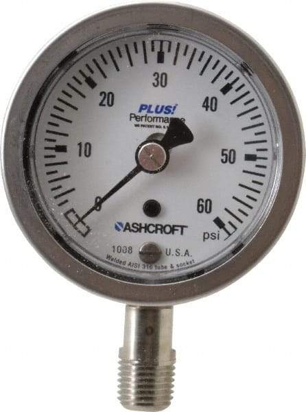 Ashcroft - 2-1/2" Dial, 1/4 Thread, 0-60 Scale Range, Pressure Gauge - Lower Connection Mount, Accurate to 3-2-3% of Scale - All Tool & Supply