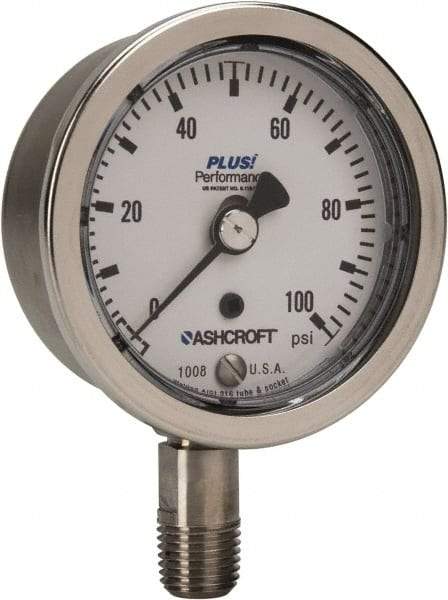 Ashcroft - 2-1/2" Dial, 1/4 Thread, 0-100 Scale Range, Pressure Gauge - Lower Connection Mount, Accurate to 3-2-3% of Scale - All Tool & Supply