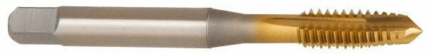 OSG - 1/4-20 UNC, 3 Flute, TiN Finish, Vanadium High Speed Steel Spiral Point Tap - Plug Chamfer, Right Hand Thread, 2-1/2" OAL, 1" Thread Length, 0.255" Shank Diam, 3B Class of Fit - Exact Industrial Supply