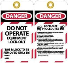 NMC - 3" High x 6" Long, DANGER - DO NOT OPERATE - EQUIPMENT LOCK-OUT - TAG & LOCK TO BE REMOVED ONLY BY:, English Safety & Facility Lockout Tag - Tag Header: Danger, 2 Sides, Black, Red & White Unrippable Vinyl - All Tool & Supply