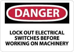 NMC - "Danger - Lock Out Electrical Switches Before Working on Machinery", 7" Long x 10" Wide, Rigid Plastic Safety Sign - Rectangle, 0.05" Thick, Use for Accident Prevention - All Tool & Supply