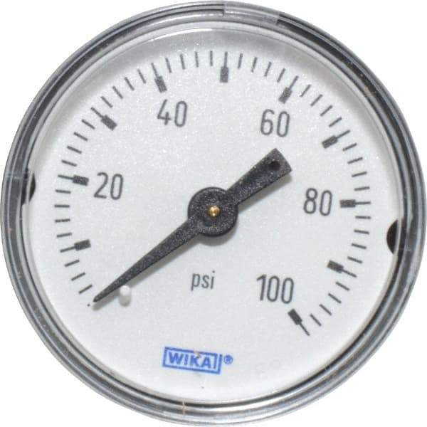 Wika - 1-1/2" Dial, 1/8 Thread, 0-100 Scale Range, Pressure Gauge - Center Back Connection Mount, Accurate to 3-2-3% of Scale - All Tool & Supply