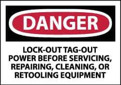 NMC - Accident Prevention Label, Header: DANGER - Legend: Danger - Lock Out, Tag-out Power Before Servicing, Repairing, Cleaning, or Retooling Equipment, English, Red, Black & White, 5" Long x 3" High, Sign Muscle Finish - All Tool & Supply